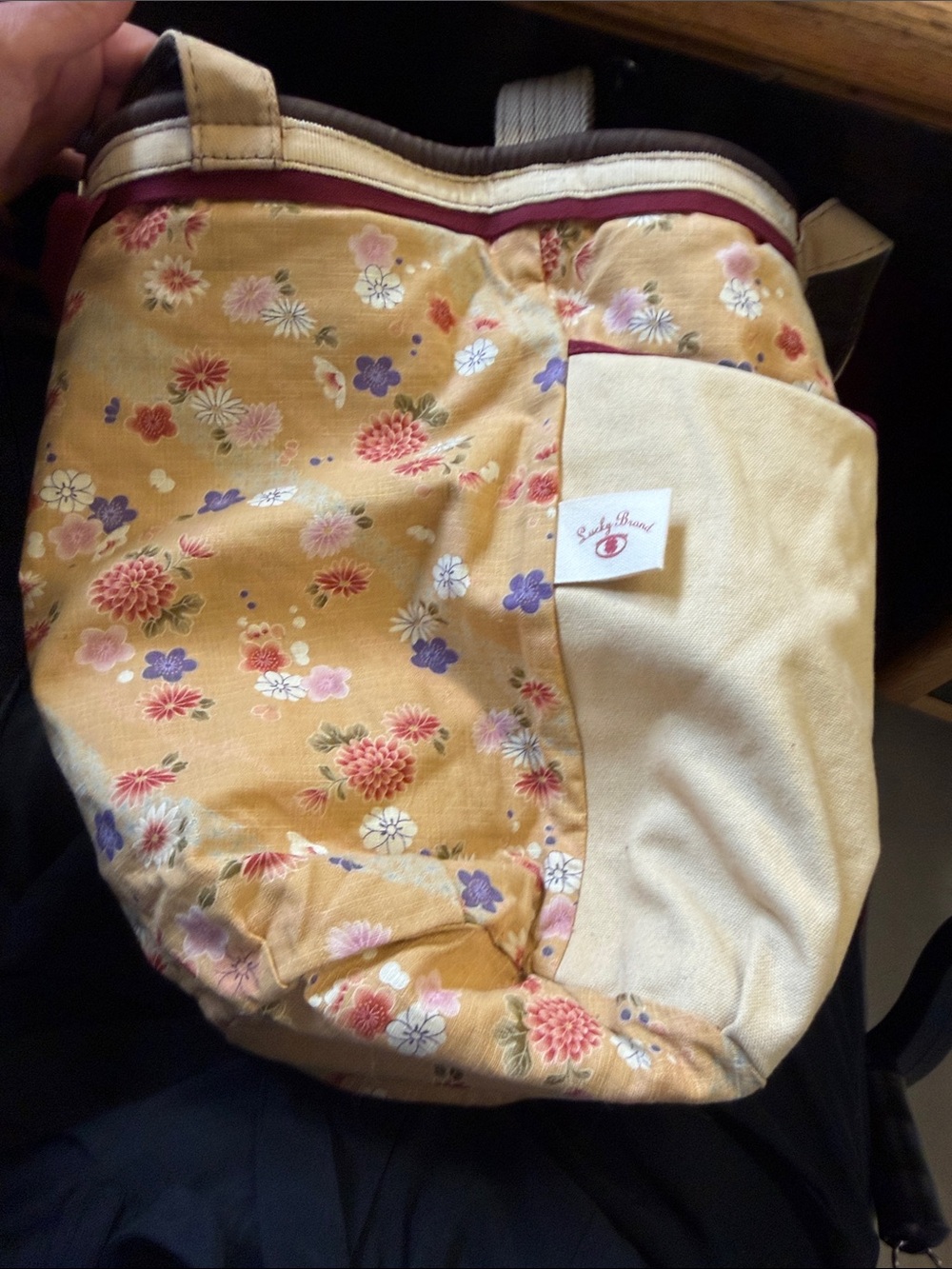 Lucky Brand Cream Canvas Tote with Purple Peace Sign and Green Trim - Picture 5 of 10